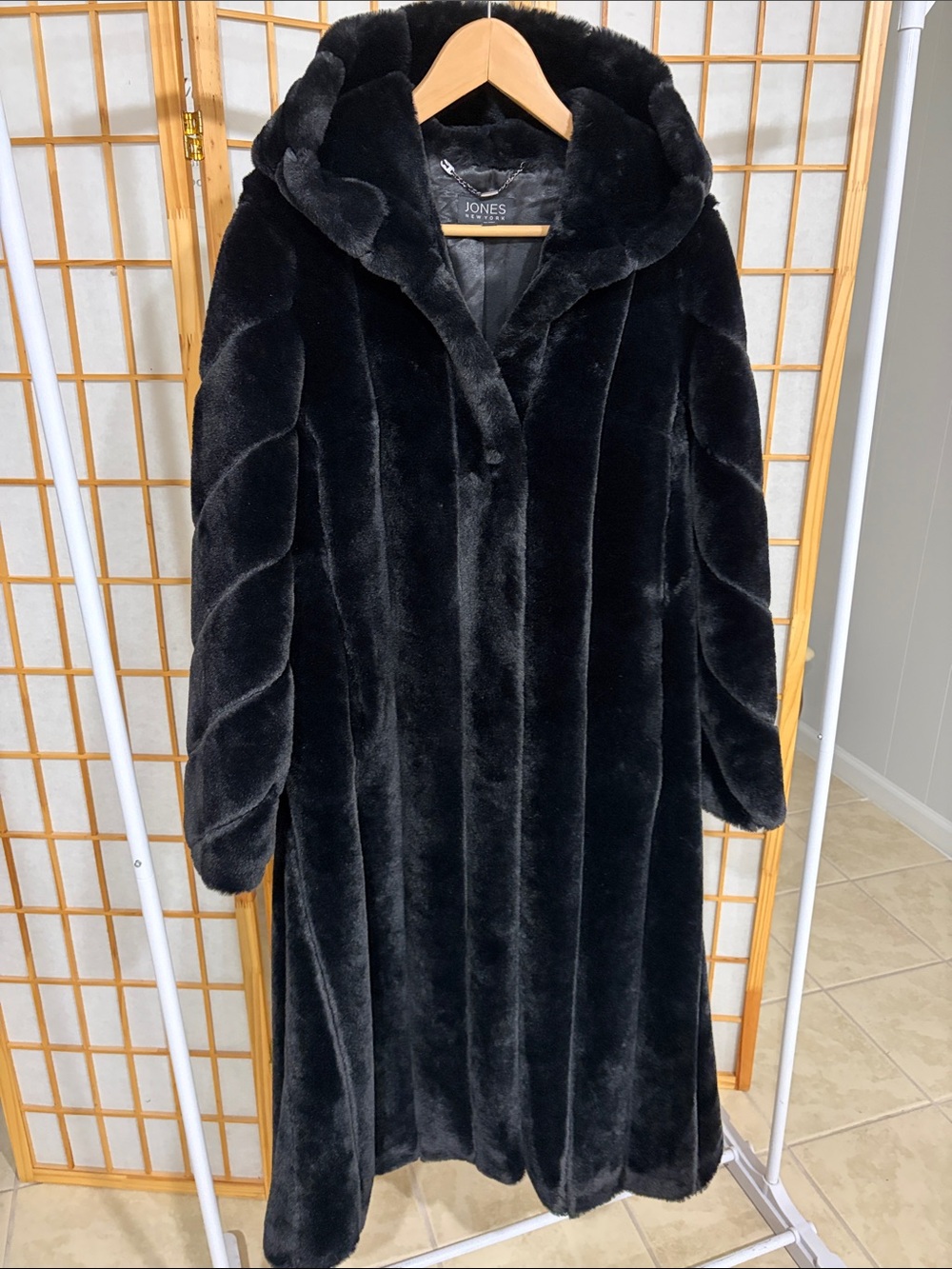 Jones New York Black Faux Fur Hooded Long Robe Coat